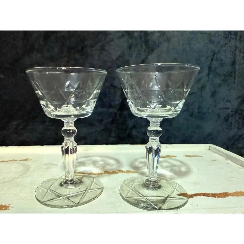 Pair of Cut Crystal Champagne Coupes – Geometric Diamond Cuts, Faceted Stems